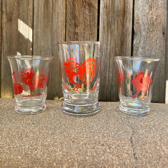 Libby Red Rooster Vintage Set of Chicken Juice Glasses Red Rooster & Cherry Cups - Picture 1 of 12